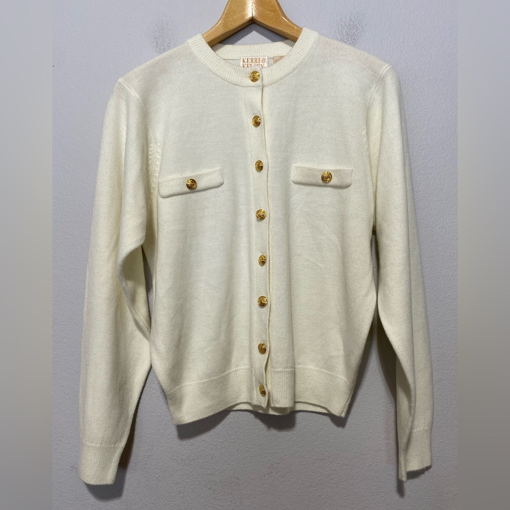 Vtg Kerri & Kelsey Women’s Small Ivory/Cream Soft Knit Cardigan  Gold Buttons